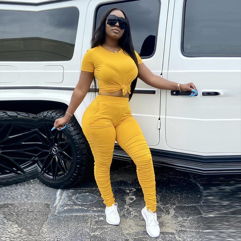 

2 piece matching sets womens pants short sleeve bandage t shirt stacked leggings tracksuit women fashion clothes streetwear, White