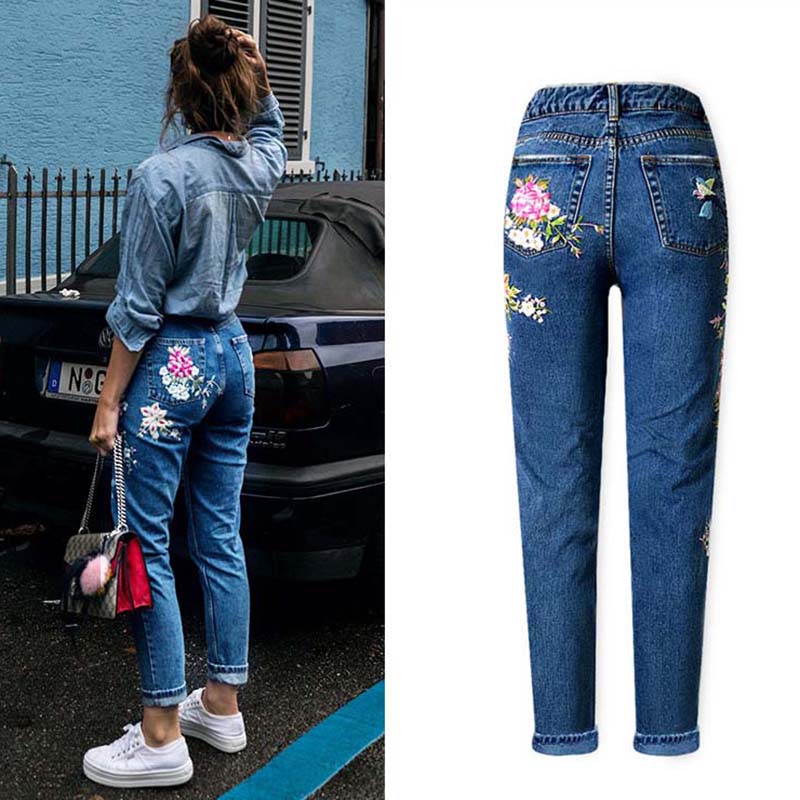 

2011new fashion clothes women denim pants straight long jeans pants 3d flowers embroidery high waist ladies jeans legging trousers, Blue