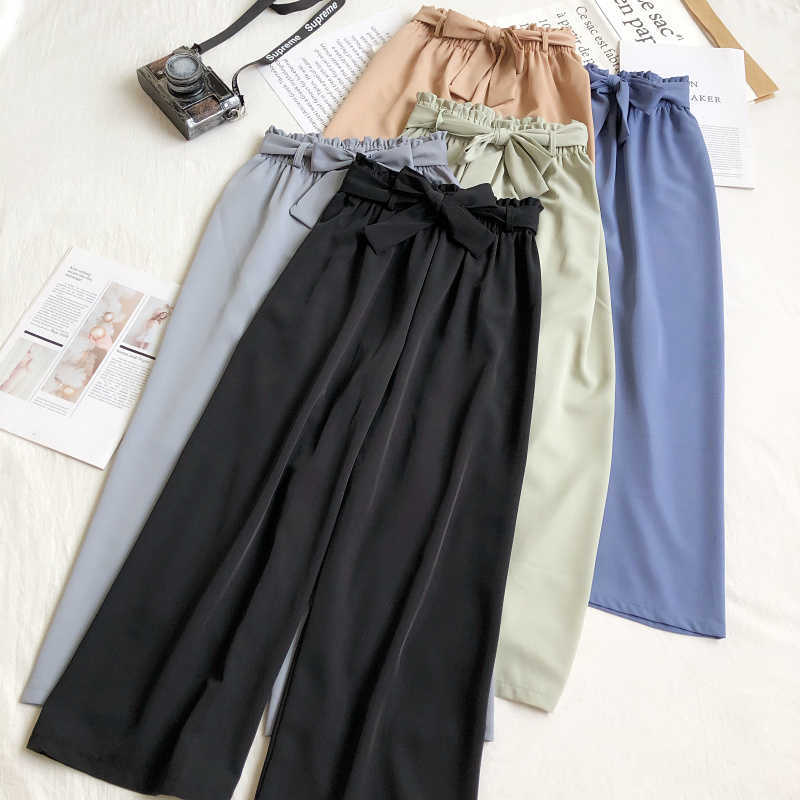 

LY VAREY LIN Summer Women Casual Elastic Waist Wide Leg Pants Loose Female High Bow Solid Color Ankle-length 210526, Blue