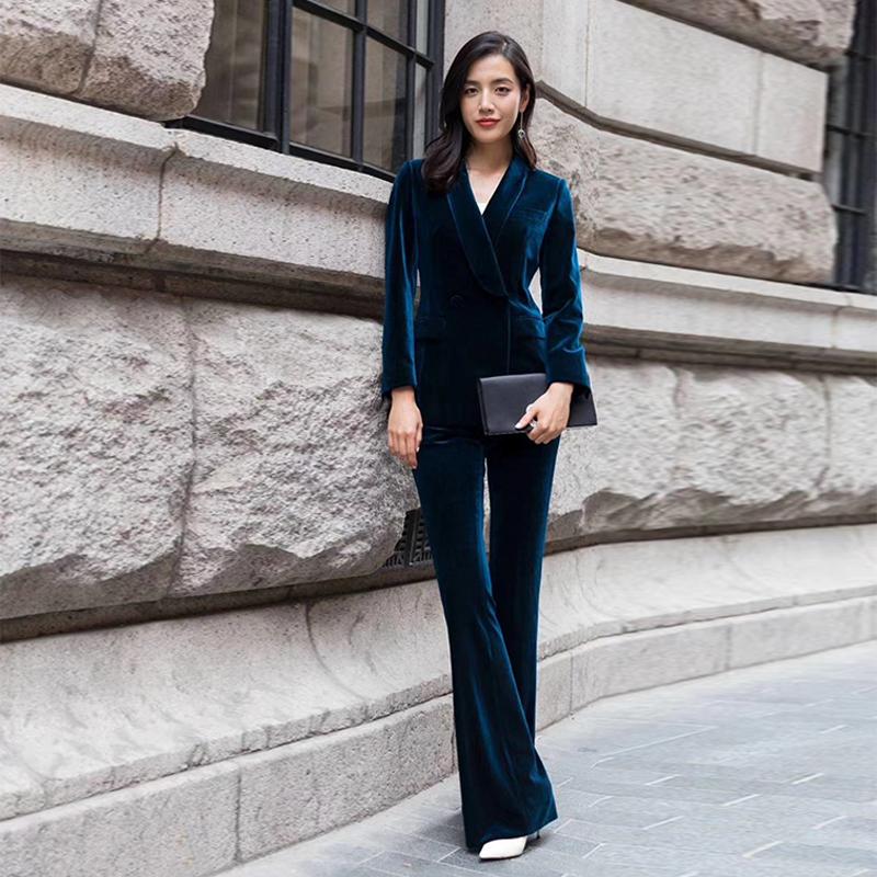 

Women' Two Piece Pants Velvet Suits Office Ladies Suit Spring Autumn Slim Women Pant Jacket & Flared Casual Female 2 Pieces Set, Black