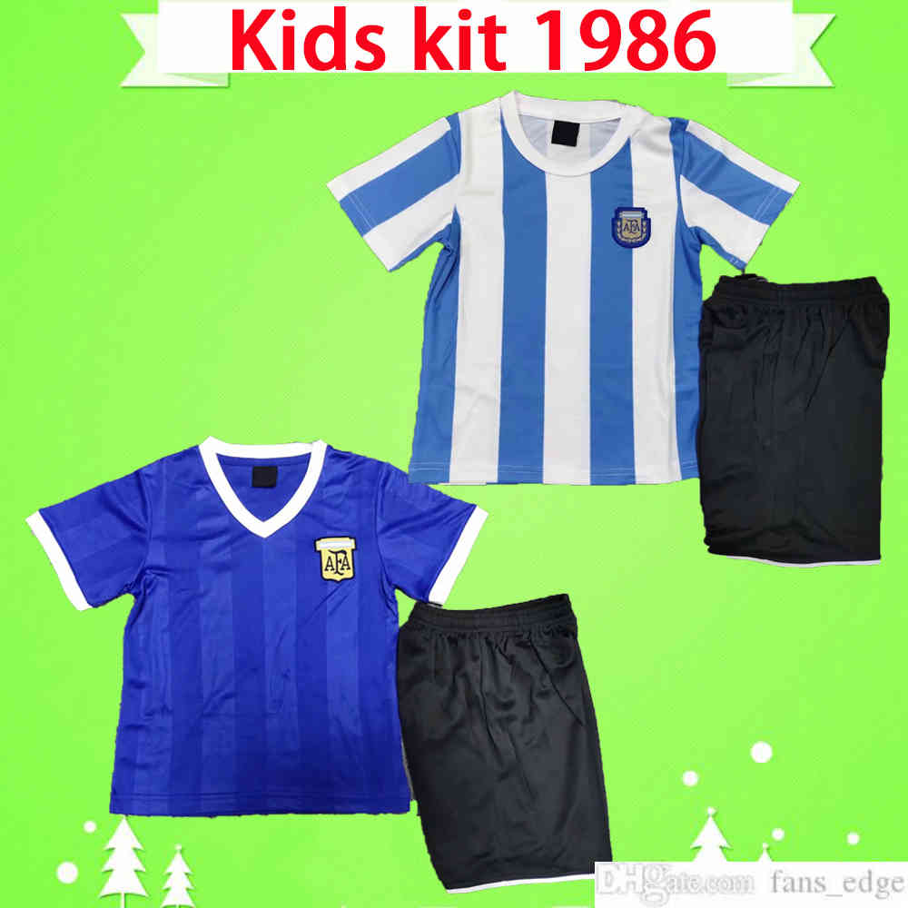 

Kids kit Maradona Argentina Retro soccer jerseys 1986 Vintage classic child sets Football shirt top Uniforms home blue white 86 boys suits, Black;yellow