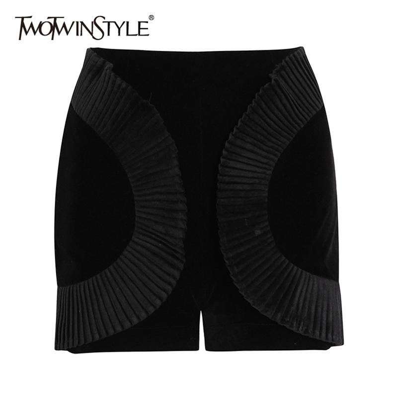 

Black Velour Shorts For Women High Waist Zipper Ruched Wide Leg Short Female Fashionable Clothing 210521