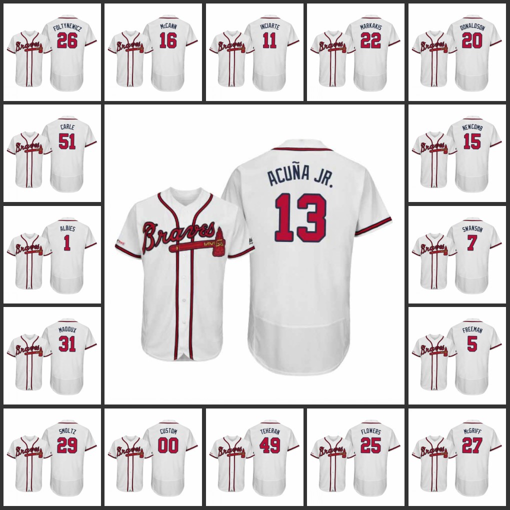 

AtlantaBraves #22 Nick Markakis 1 Ozzie Albies 13 Ronald Acuna Jr. Men Women Youth Flex Base Authentic Custom Jersey, Black