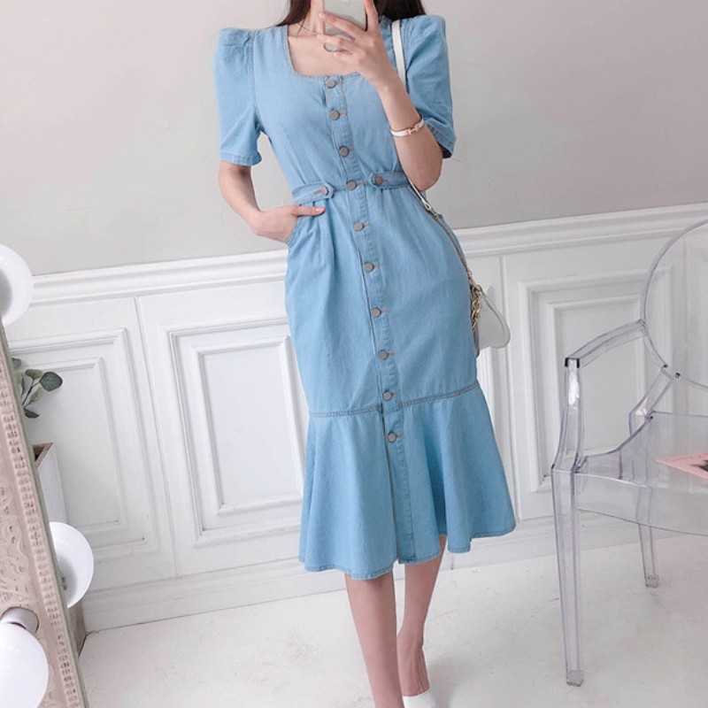

Summer Denim Dress Women Chic Single-breasted Puff Sleeve High Waist Slim Mermaid Femme 210526, Blue