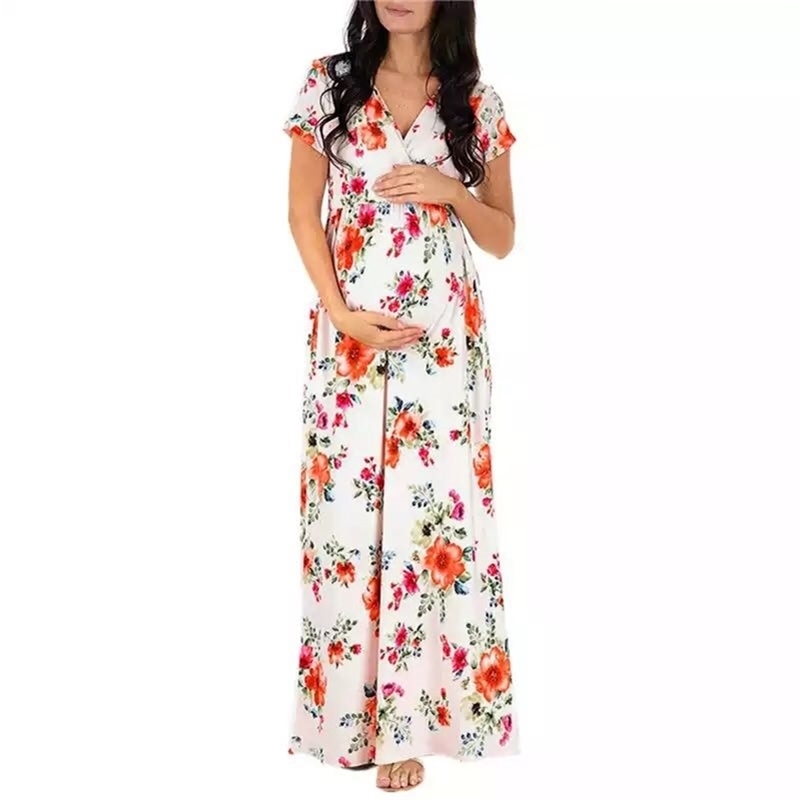 

Women' Clothes Pregnancy Dresses Short Sleeve Floret Evening Maternity Long Dress Pography Summer Pregnant Clothing 210721, Black