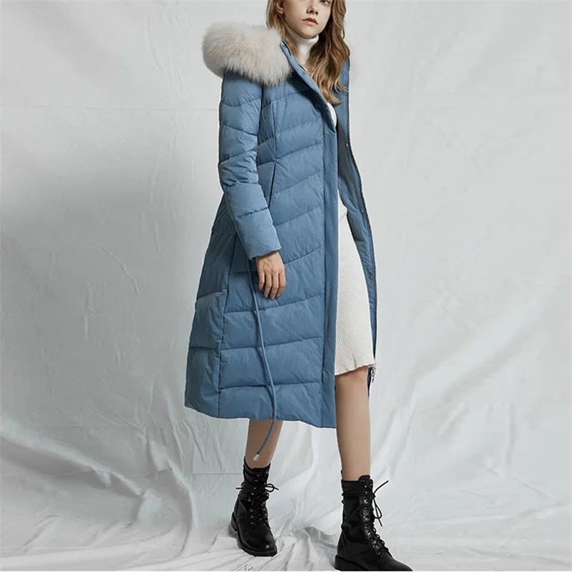 

Winter Women Solid Thick Warm White Duck Down Coat Female Real Fur Collar Casual Outerwears Ladys A-line Parkas 210519, Blue