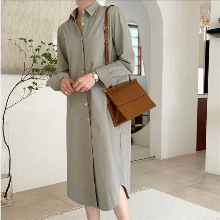 

Autumn Winter Solid Single Breasted Open Fork Arc Hem Long Shirts Blouse Women 210615, Dark blue