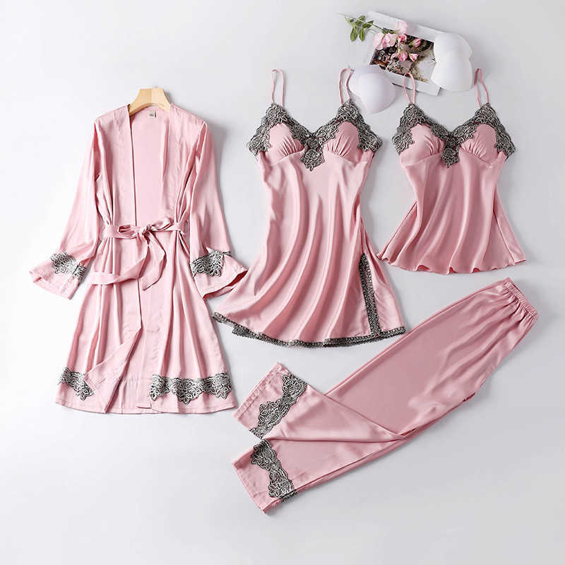 

JULY'S SONG 4 Pieces Women Pajamas Sets Faux Silk Pajamas Sleepwear Sets Elegant Sexy Lace Fashion Spring Autumn Homewear 210708, 04