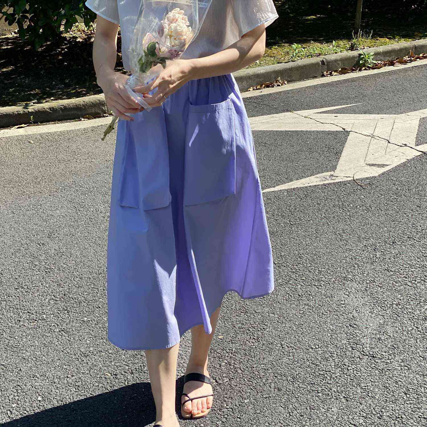 

HXJJP Summer Purple Literary Sister Big Pocket Elastic Waist Skirt 210607
