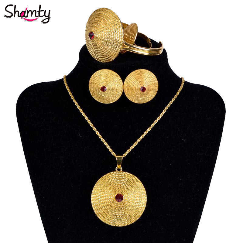 

Shamty Ethiopian Jewelry Set Pure Gold Color Silver Color Pendant Chain Earrings Ring Bangle African Bridal Ethiopia Gift A30001 H1022, White