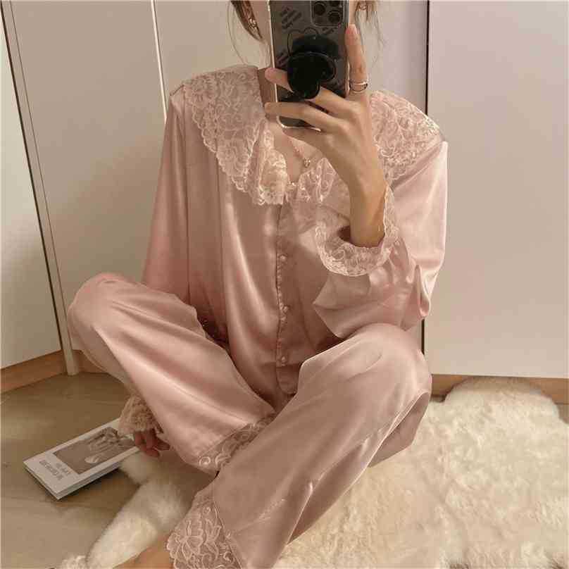 

Princess Lace Sexy Sweet Pajamas Home Chic Loose Vintage Brief Nightwear Soft Two Piece Suit Sleepwear Sets 210525, White
