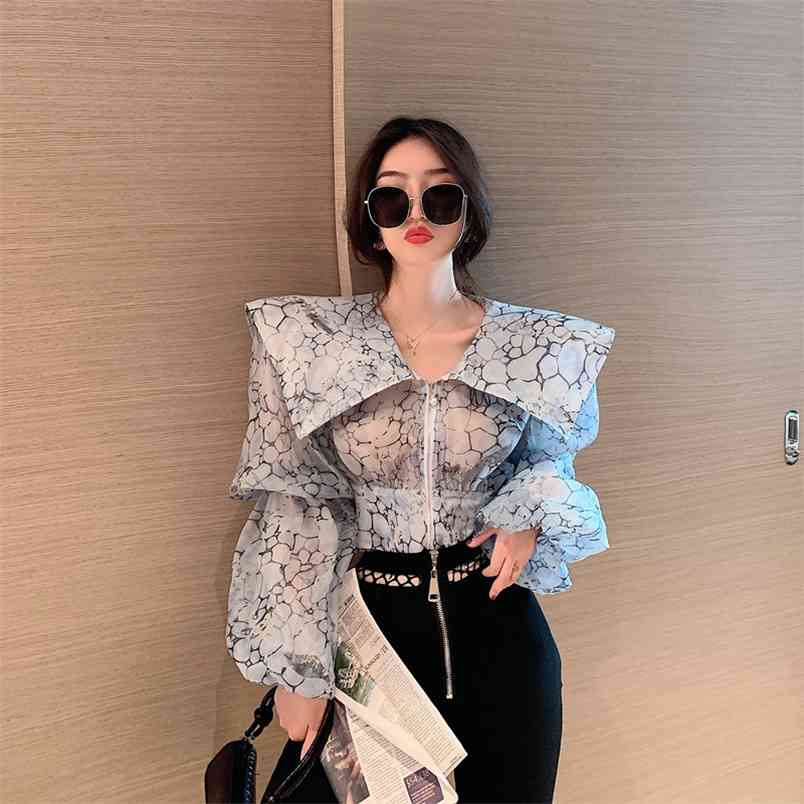 

Autumn Women's Big Turn Down Collar Printing Shirt Fashion Female Lantern Sleeve Elegant Top Perspective Zipper Blouses Shirts 210721, Blue