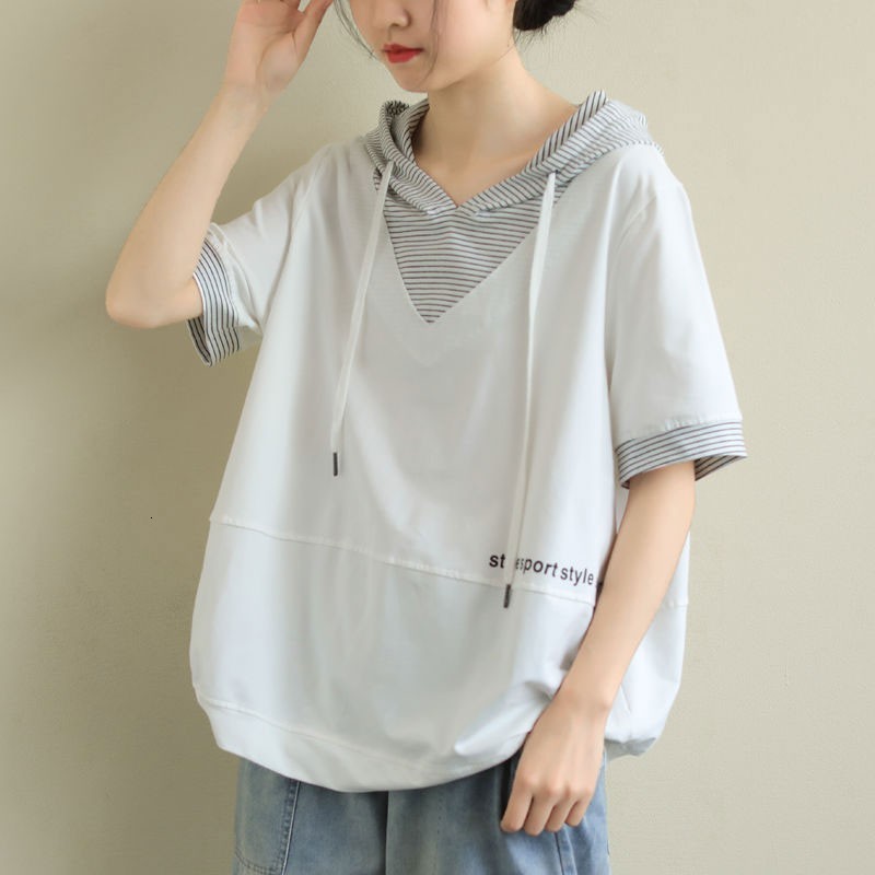 

Women's T-Shirt Summer Korea Fashion Women Short Sleeve Loose T-shirt Patchwork Hooded Casual Tee Shirt Femme Cotton Tops Plus Siz, Black