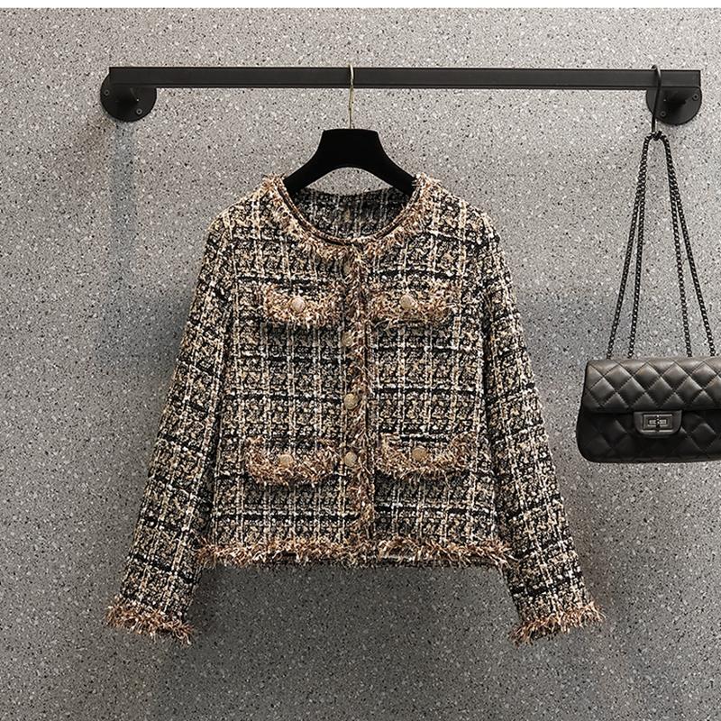

Women's Jackets Plus Size M-4XL Crop Jacket 2021 Autumn Women Long Sleeve Tassel Patchwork Office Lady High Street Elegant Tweed Coat, As picture