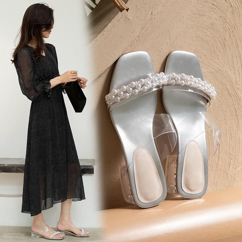 

Summer Transparent PVC Modern Sandals Casual String Bead Thick Heel Shoes Women Slippers Buckle Ladies, Beige