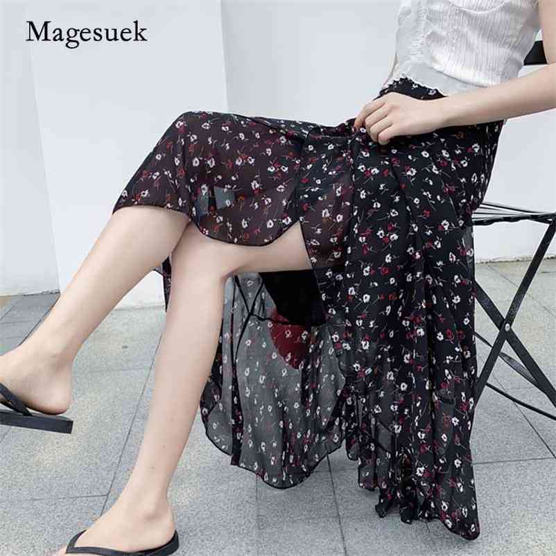 

Summer Chiffon Skirt Women Lace-up Lotus Leaf Beach s Irregular Fishtail Floral Midi s Jupe Femme 10232 210518, Black