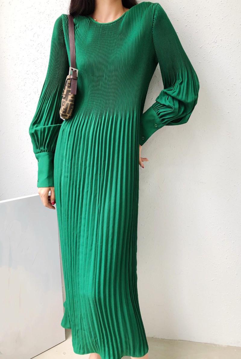 

Casual Dresses O Neck Long Sleeve Emerald Irregular Pleated Dress Women Ankle Length Slim Retro Elegant Temperament Vestido, Black;gray
