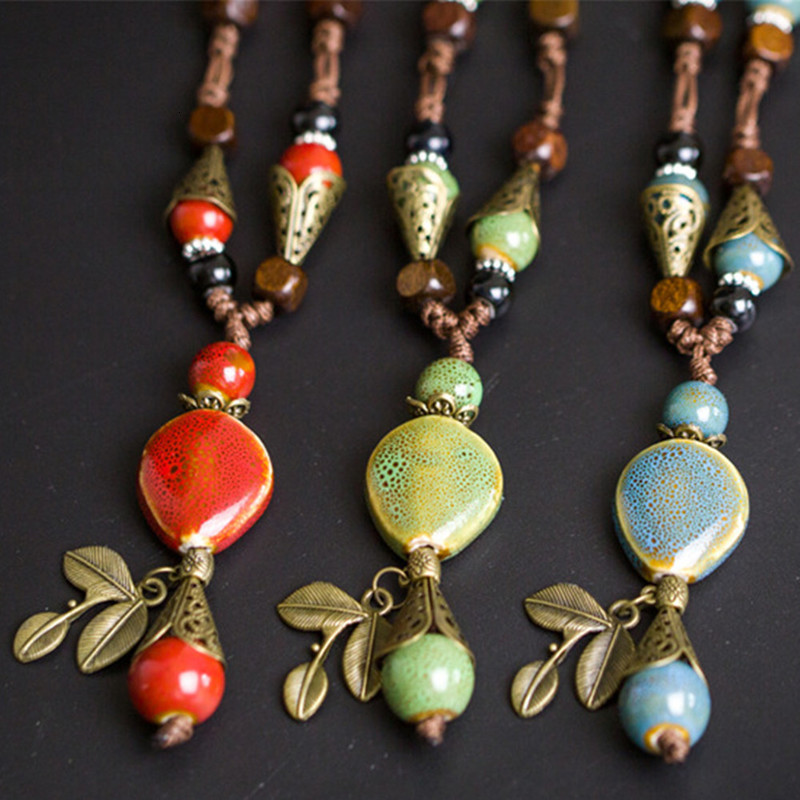 

Retro Ethnic Style Beautiful Ceramic Beads Sweater Chain Necklace N300, Silver