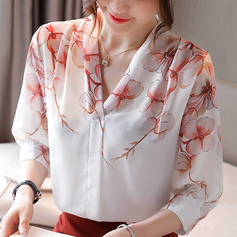 

Blouse Women V-neck Print Chiffon Shirt  Shirts Tops Blusas Camisas Mujer Blusa D434 210602, As picture