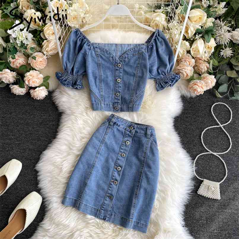 

2 Piece Vintage Denim Skirts Set Women Summer Puff Sleeve Off Shoulder Button Up Short Shirt High Waist Mini Skirt 210607, Blue