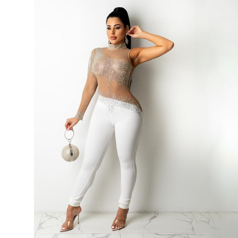 

Stage Wear Glitter Silver Rhinestone Transparent Jumpsuit Birthday Celebrate YOUDU Women Evening Leggings Backless Costume, Black