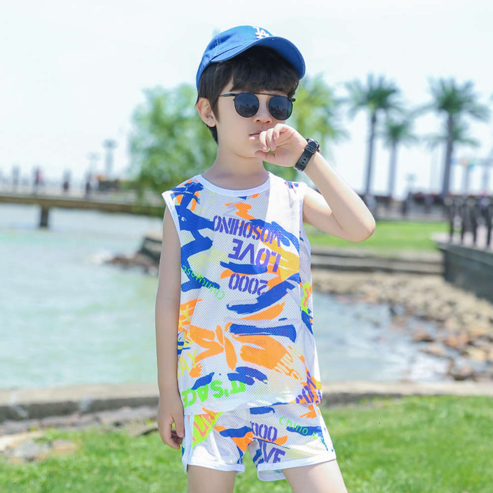 

sunshine and handsome middle school children's sports summer mesh ice fashion sleeveless shorts binding suit, White