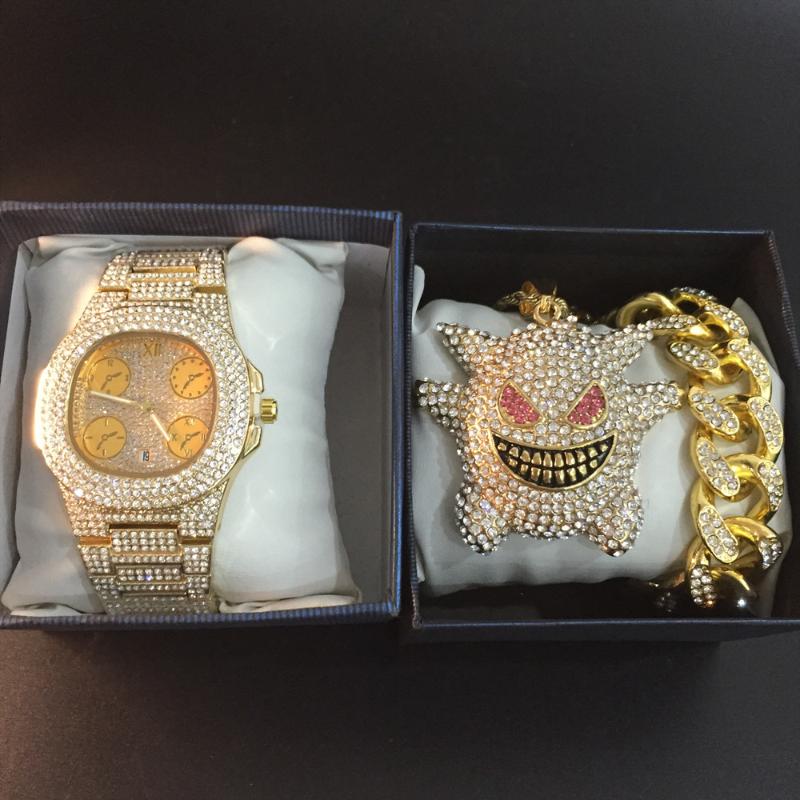

Wristwatches Luxury Men Gold Diamond Watch & Necklace Braclete Combo Set Hip Hop Ice Out Cuban Tone Crystal Miami For
