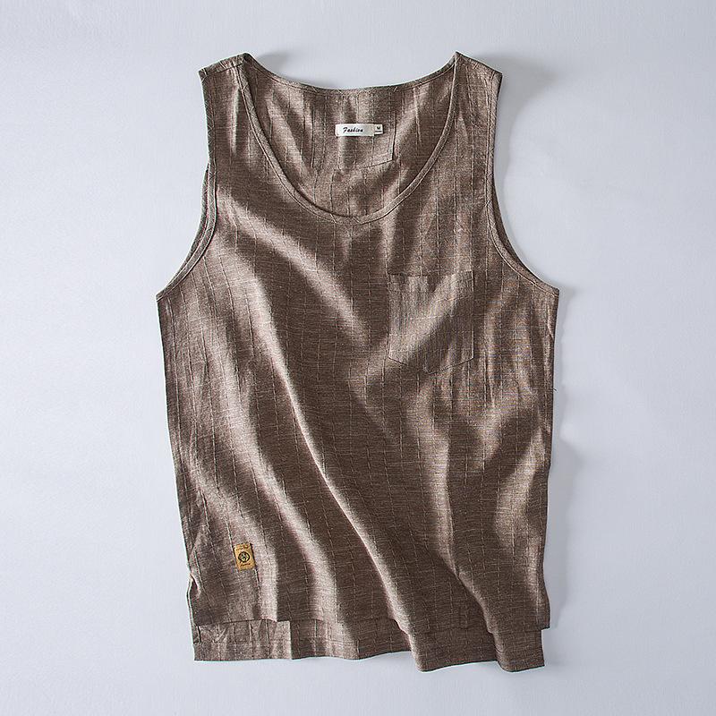 

Men's Tank Tops Mens Sleeveless Vest Japan Style Summer Breathable Soft Linen Male Excellent Striped Undershirt Pockets Casual, Beige