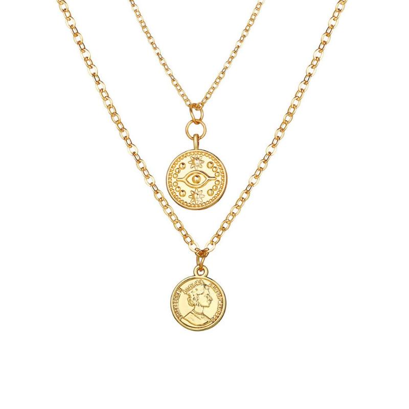 

Chains Casual Coin Clavicle Head Simple Chain Double Pendant Retro Necklace Necklaces & Pendants, Silver