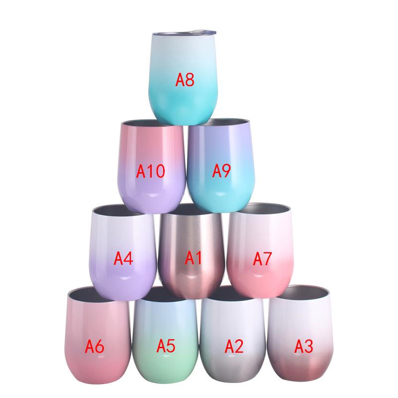 

12oz Gradient Wine Cup Stainless Steel Tumbler Colourful Stemless Glasses Egg Shape Mugs with Lid, Picture shown