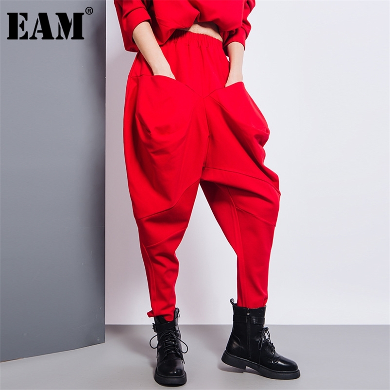 

[EAM] Big Pockets Spliced Irregular High Waist Harem Trousers Loose Fit Pant Fashion Spring Autumn 1DD2684 210721, Red