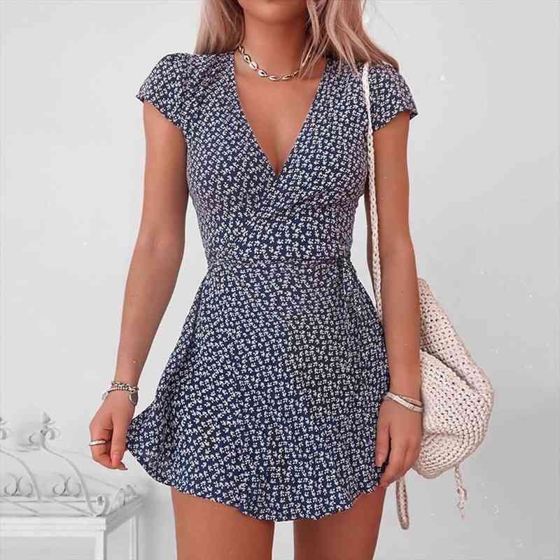 

4 Womens Vintage V-neck Half Sleeve Floral Print Mini Dress Sexy Bohemian Empire Summer Dresses Elegant Dresses For Women Robe, Black;gray