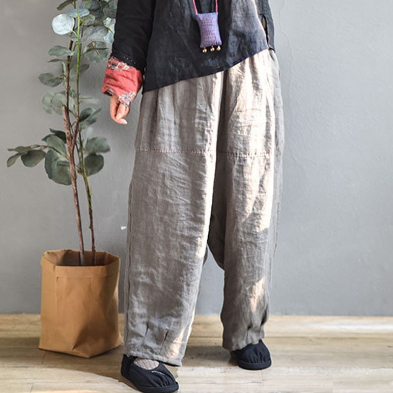 

Johnature Autumn Cotton Linen Loose Leisure Elastic Waist Harem Pants Simple Comfortable Women Fashion Full Length Pant 210521, Gray