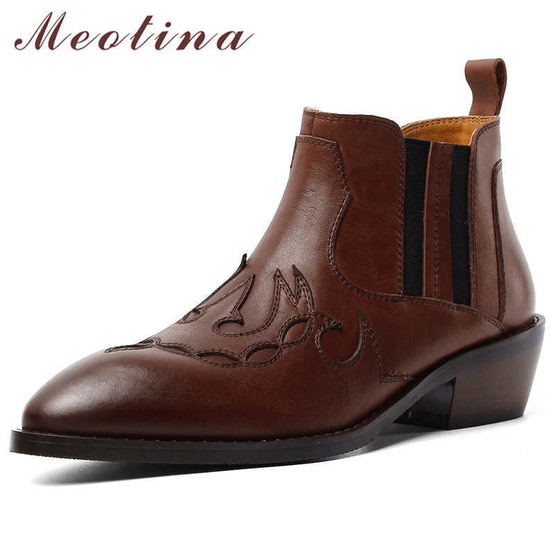 

Meotina Women Boots Fall Ankle Boots Natural Genuine Leather Block Heels Short Boots Flower Pointed Toe Ladies Shoes Size 34-39 210608, Black