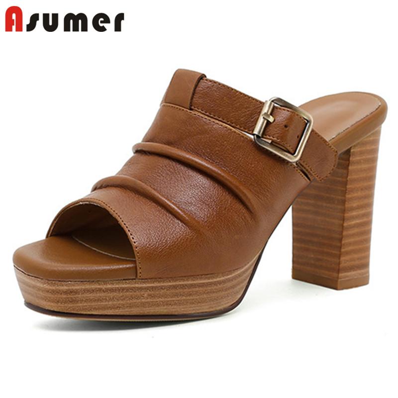 

Dress Shoes Asumer 2021 Vintage Genuine Leather Women Sandals Pleated Buckle High Heels Platform Ladies, Black