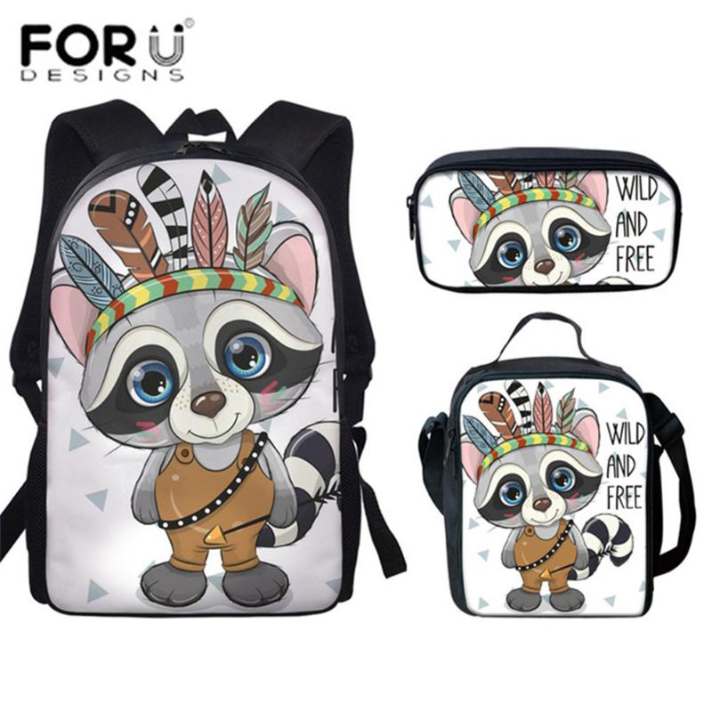 

School Bag Sets Cartoon Tribe Raccon Animal Printed Teens Boys Schoolbag High Children Student Kids Bookbags Mochila Bags