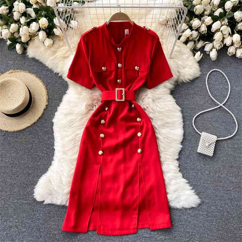 

Elegant Women' Dress Summer Short Sleeve Stand Collar Buttons Decoration Double Split A-line Work Office with Belt 210603, White