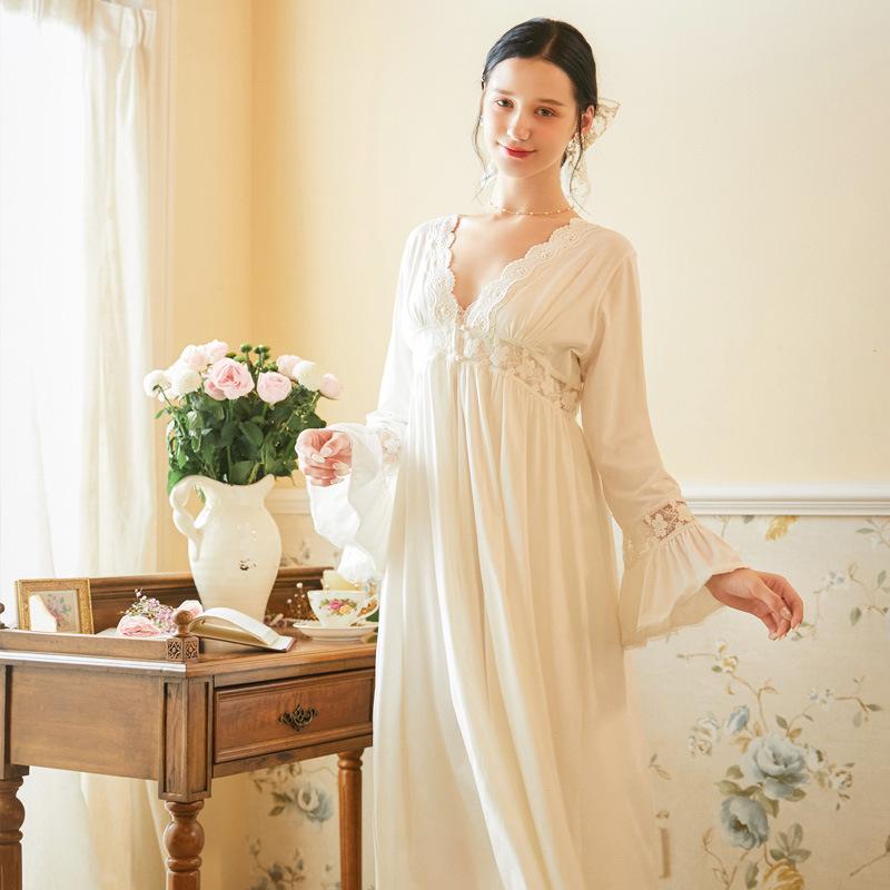 

MeetLife Two Pieces Sleepwear Set Victorian Princess Nightgown Women Long Sleeve Lace Cotton Nightdress Homewear Bride Women's, Blue