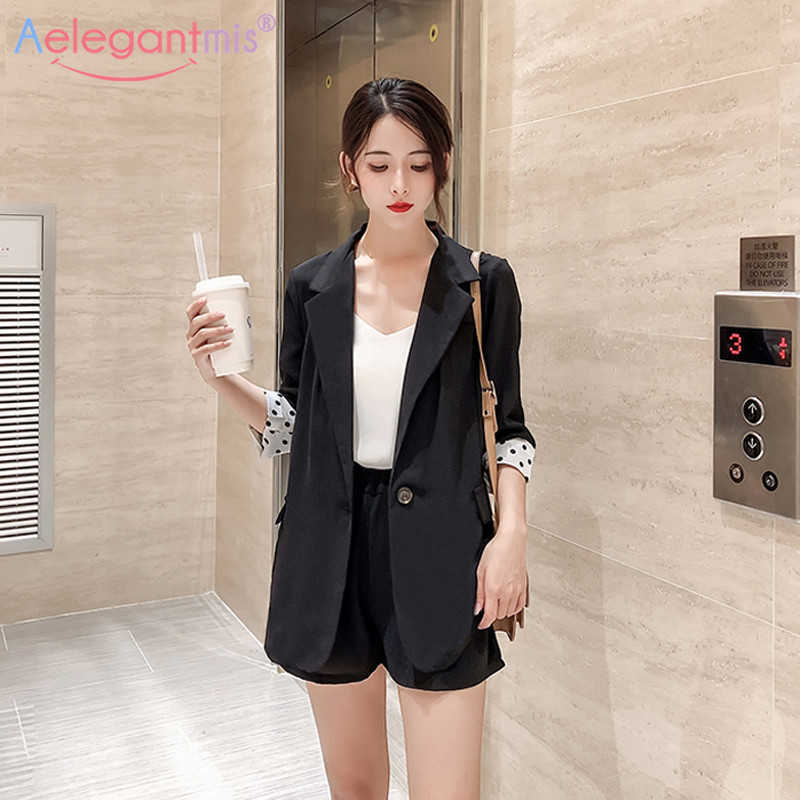 

Aelegantmis Women Casual Blazer And Shorts Suit Summer Office Lady Notched Jacket & Wear 2 Pieces Set 210607, Black