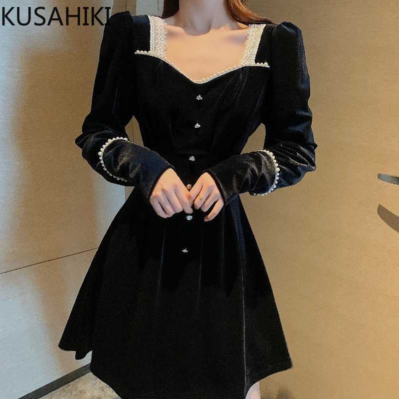 

KUSAHIKI Vintage Square Collar Women Dress Korean Patchwork Long Sleeve Slim Waist A-line Vestidos Femme Elegant Dresses 6E800 210602, Black
