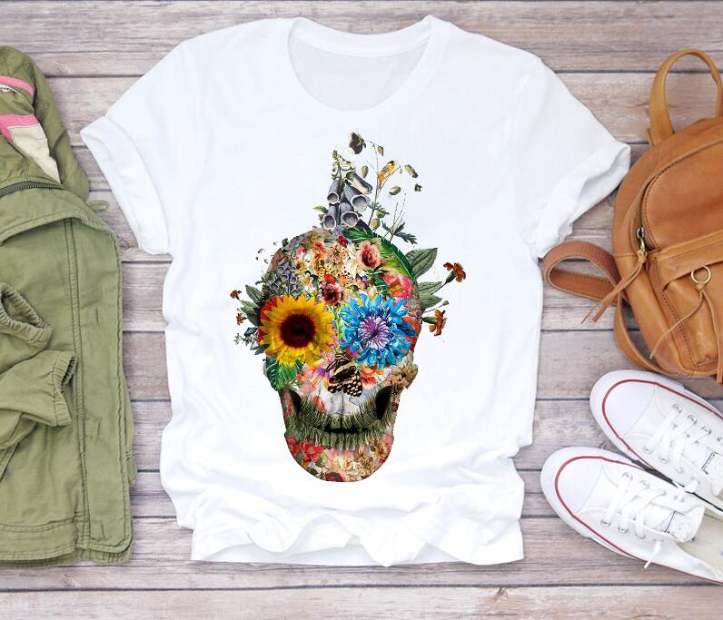 

s4xl women tshirts 2021 summer top fashion skull plant short sleeve lady shirts top t shirt ladies womens graphic female tee 2pcs, Orange