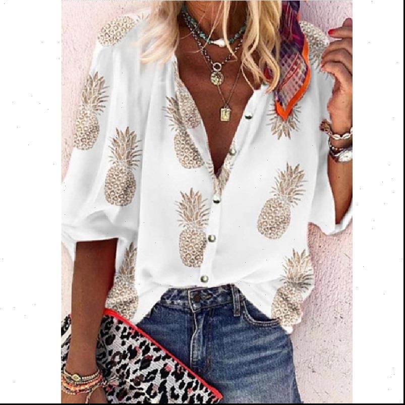 

women shirt large size womens shirts autumn spring loose v neck button fruit printed blouse plus s 5xl blusas, White