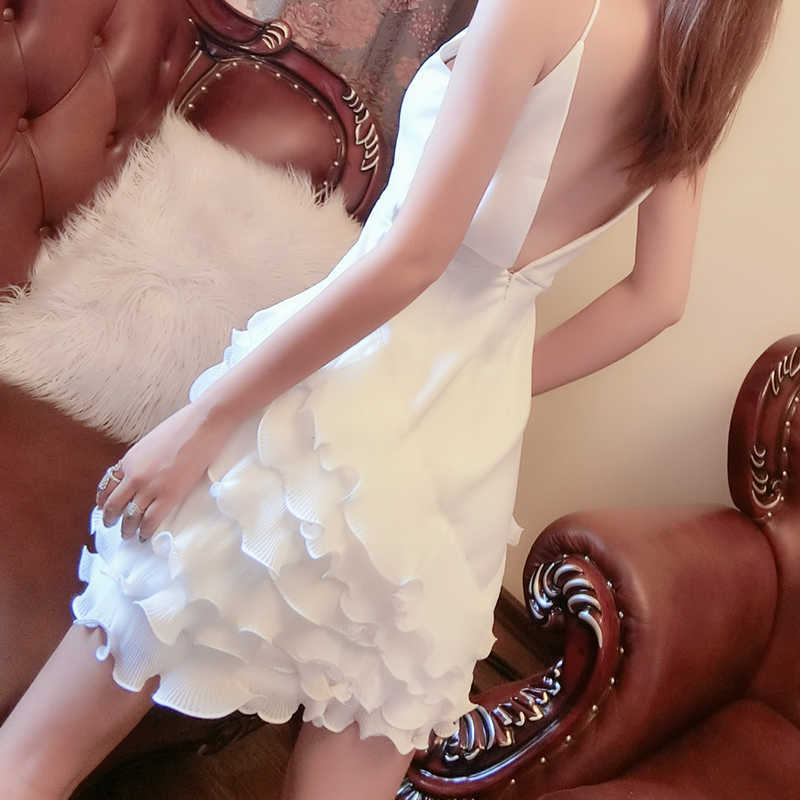 

Short Cami Dres Summer es Spaghetti Strap Sleeveless Solid mini Ruffle Sexy Vestidos 210601, White