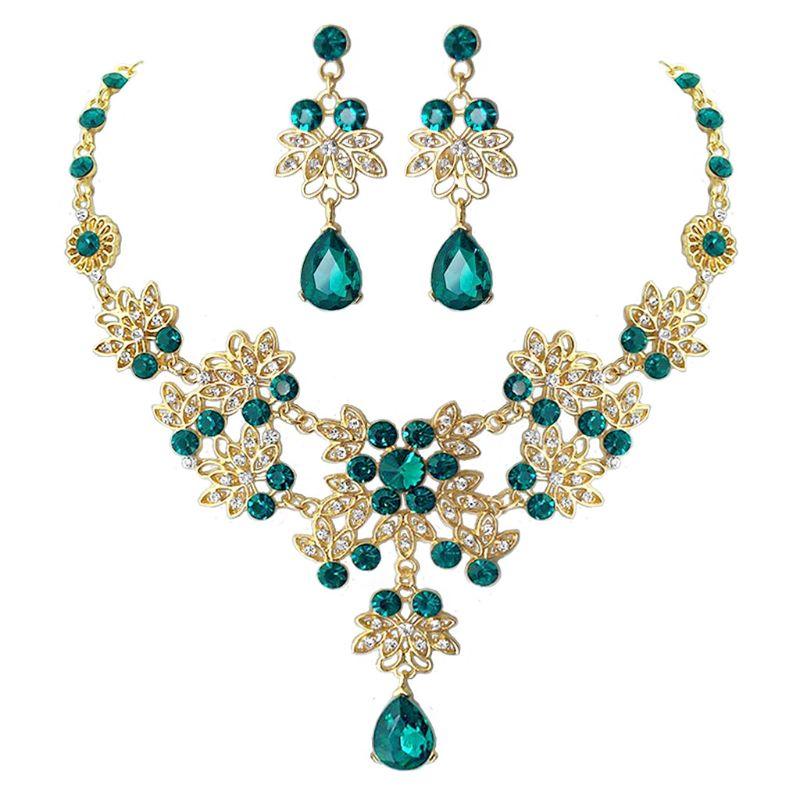 

Earrings & Necklace GreenCrystal Bridal Floral Wave Teardrop Jewelry Set For Women R7RF, As pic