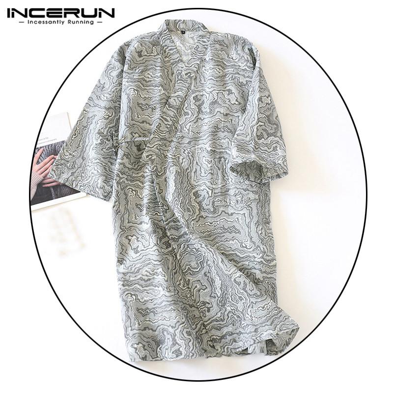 

Men' Sleepwear 2021Fashion Men Vintage Printed Robes Half Sleeve V Neck Lace Up Nightgown Casual Kimono Nightclothes Man Homewear Bathrobes, Gray