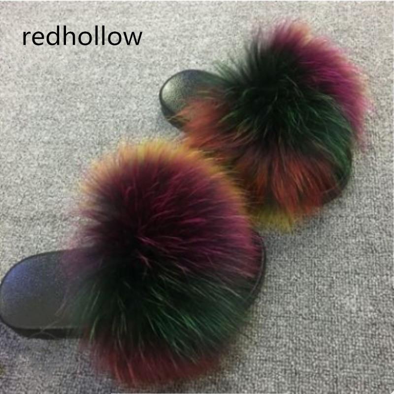 

Colors Hair Slippers Women Fur Home Fluffy Sliders Plush Furry Summer Flats Sweet Ladies Shoes Size 45 Cute Pantufas, Black