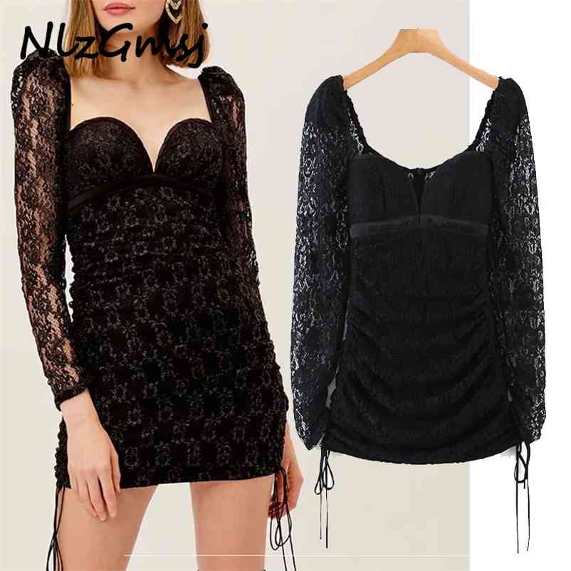 

Dres Vintage Black Sexy Crochet Lace Fashion Backless Long Sleeve Bodycon Mini Party Vestido 210628, As picture