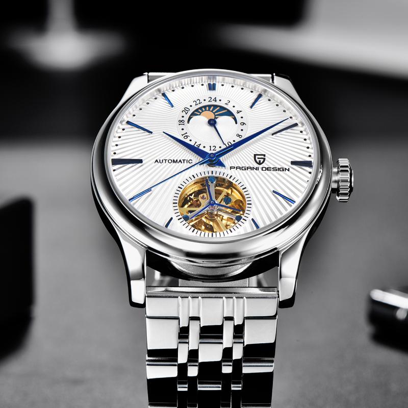 

Tourbillon Watch PAGANI DESIGN Brand Men Automatic Mechanical Luxury Fashion Stainless Steel Waterproof Watches Wristwatches, Steel white