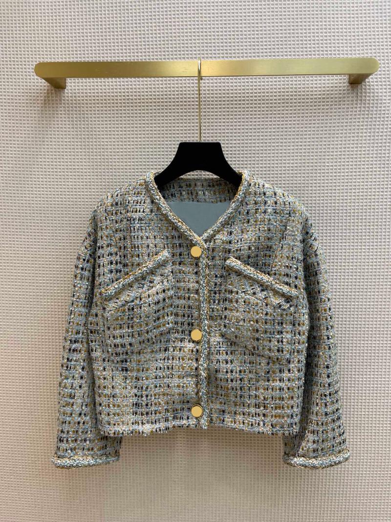 

Women's Jackets Fashion Plaid Tweed Coats For Women Top Quality Hand Weave Gold Thread Edge Slim V-neck Long Sleeve Coat Lady