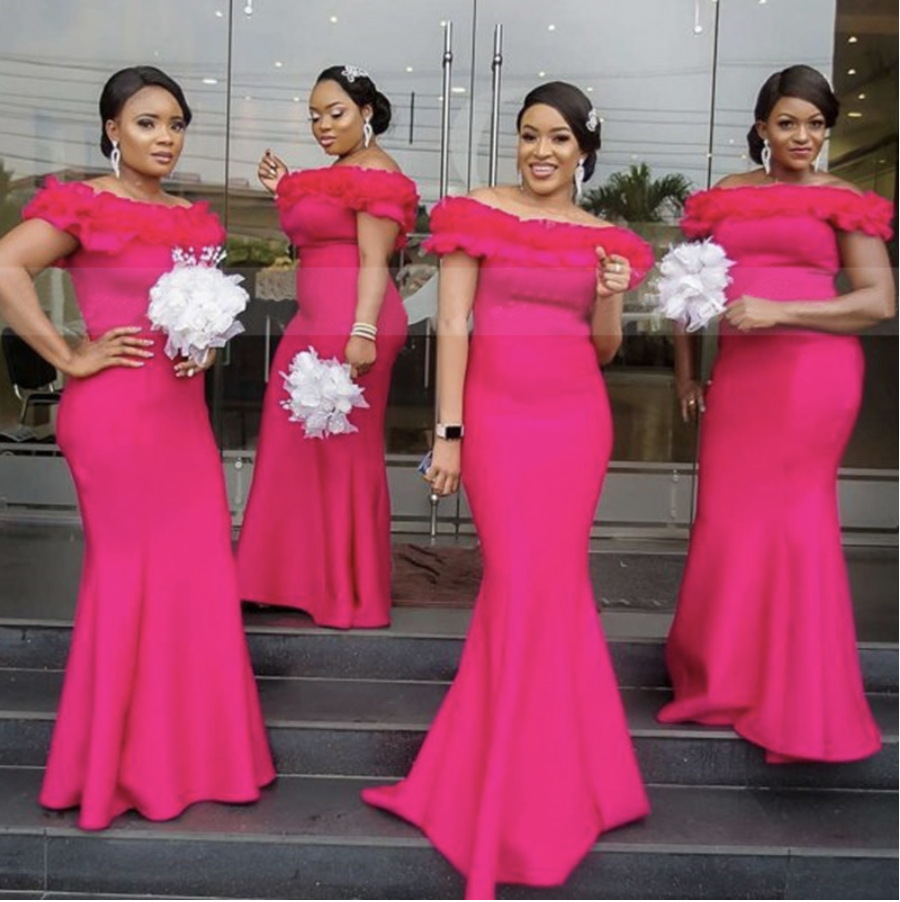 

Hot Pink Satin Mermaid Bridesmaid Dresses Ruffles Off Shoulder African Women Long Wedding Party Dress Vestidos Dama De Honor